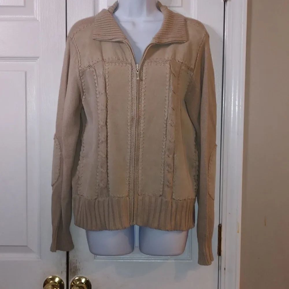 KIKIT tan leather zipper front sweater jacket Sz S